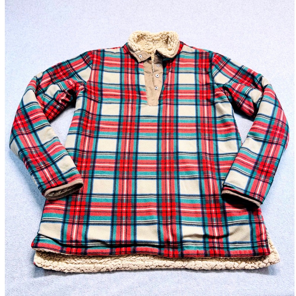 Plaid Sherpa Lined L Pullover Red Green Tan Snap Neck Fleece Oversized Outdoorsy